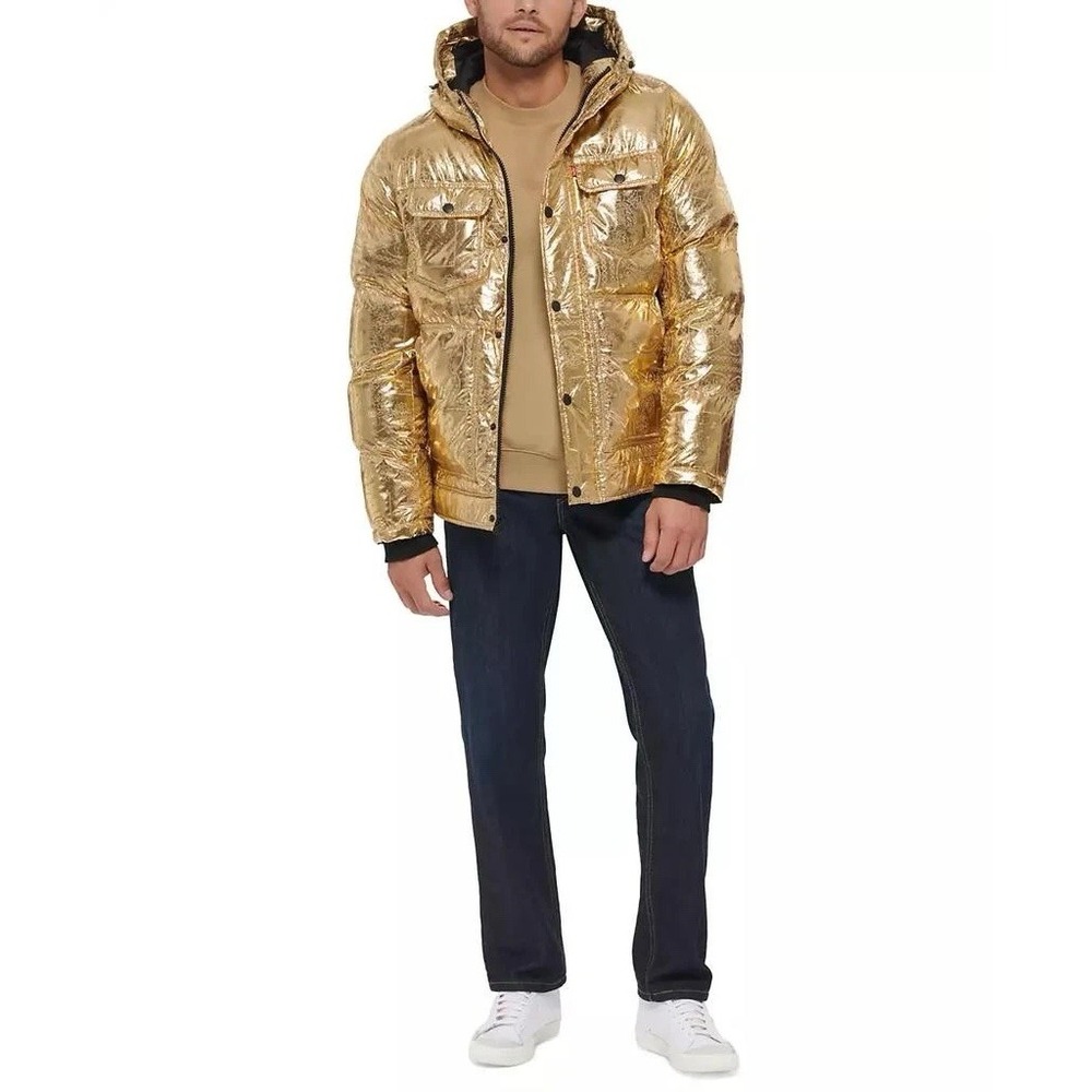 Levi's Puffer Jacket Men's L Gold Bandana Paisley Quilted Hooded  X2814 $225 - Picture 4 of 14
